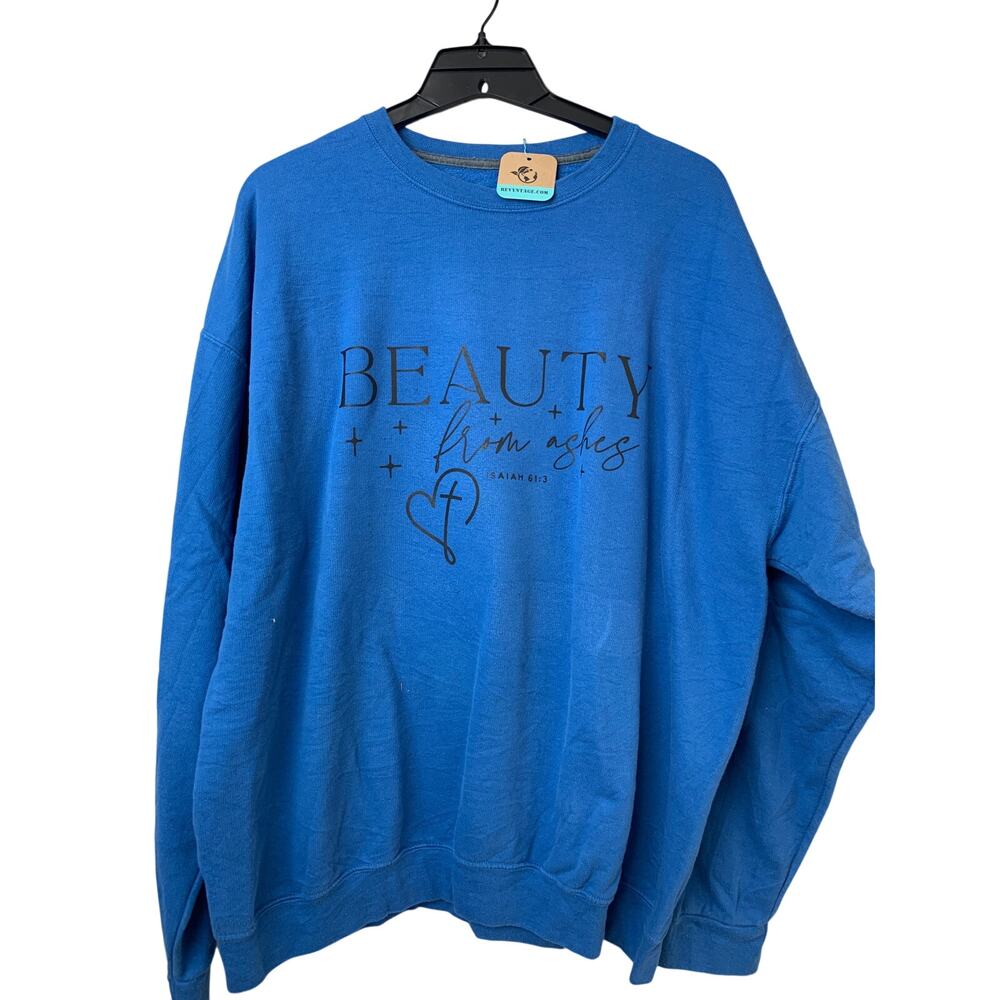 Upcycled Hand Printed Mens 2XL Blue Beauty From Ashes Isaiah 61:3 Sweatshirt